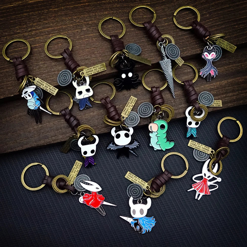 Hollow Knight keychain set with characters like Hornet, Knight, and Pure Nail