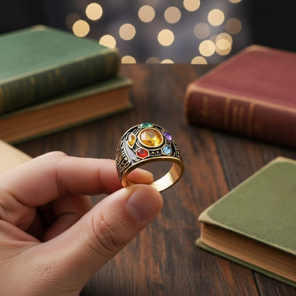 Avengers Thanos Infinity Gauntlet ring featuring colorful infinity stones inspired by the Marvel movies