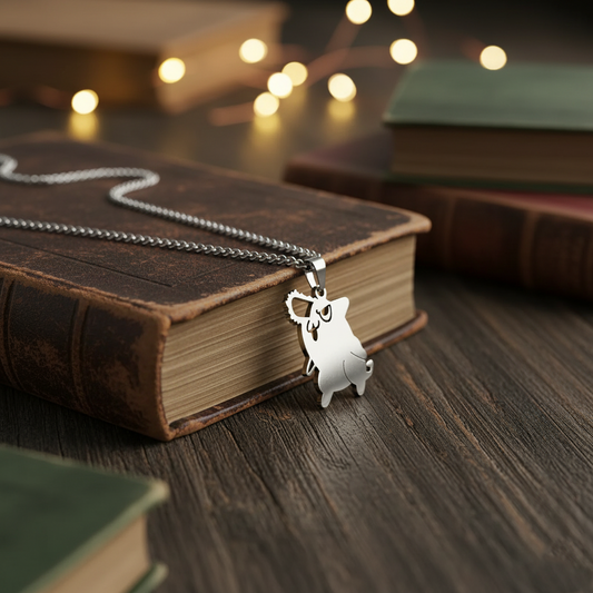 Close-up image of a metallic Chainsaw Man Pochita Necklace featuring a detailed orange and silver pendant of Pochita’s chainsaw head design from the Chainsaw Man anime.