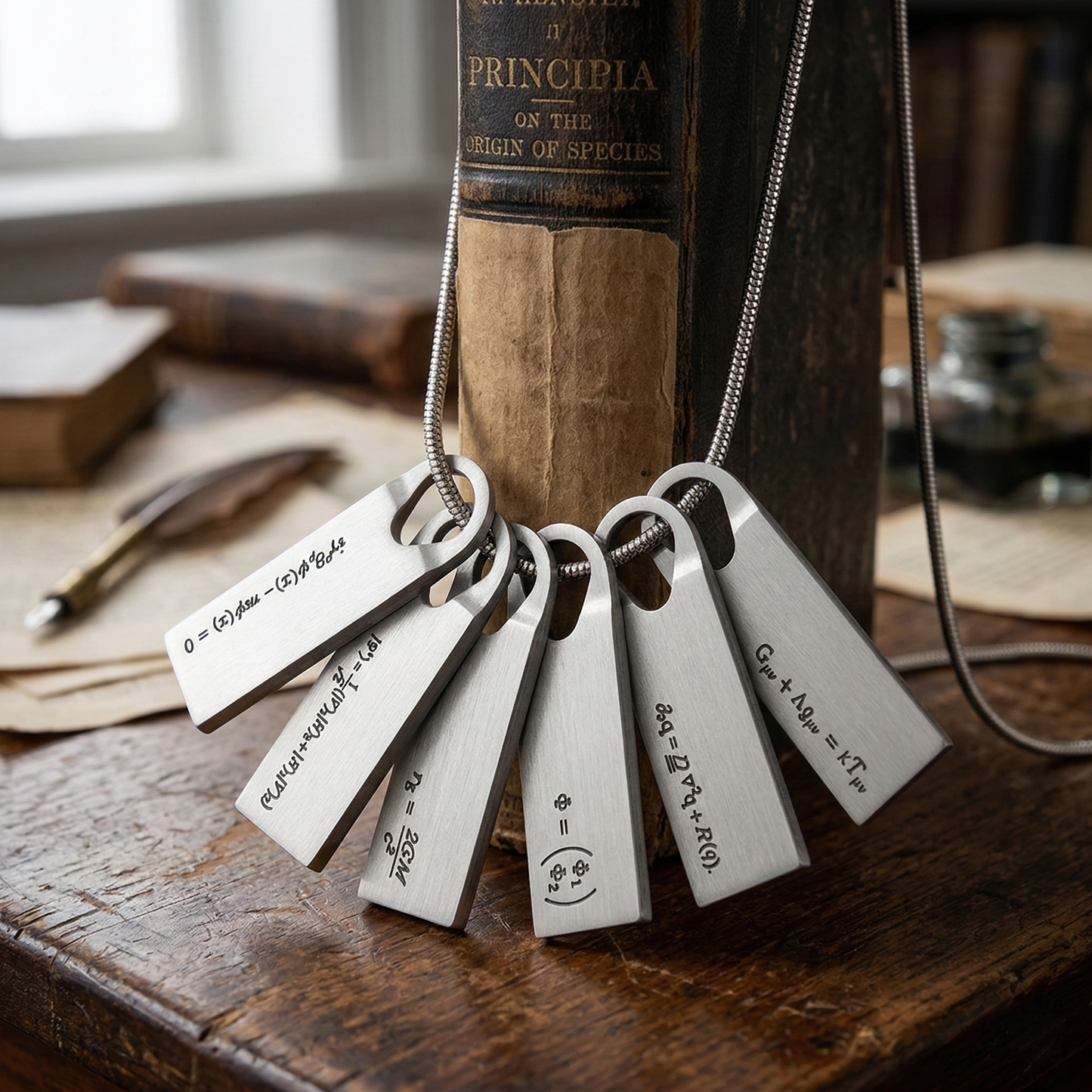 Death Stranding Q-pid necklace inspired by Sam Porter Bridges quantum equation pendat close-up