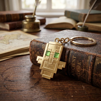 Gold keychain shaped like a pixelated character on an old book with a quill and inkwell in the background.