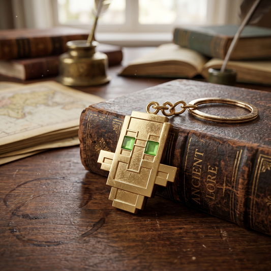 Gold keychain shaped like a pixelated character on an old book with a quill and inkwell in the background.
