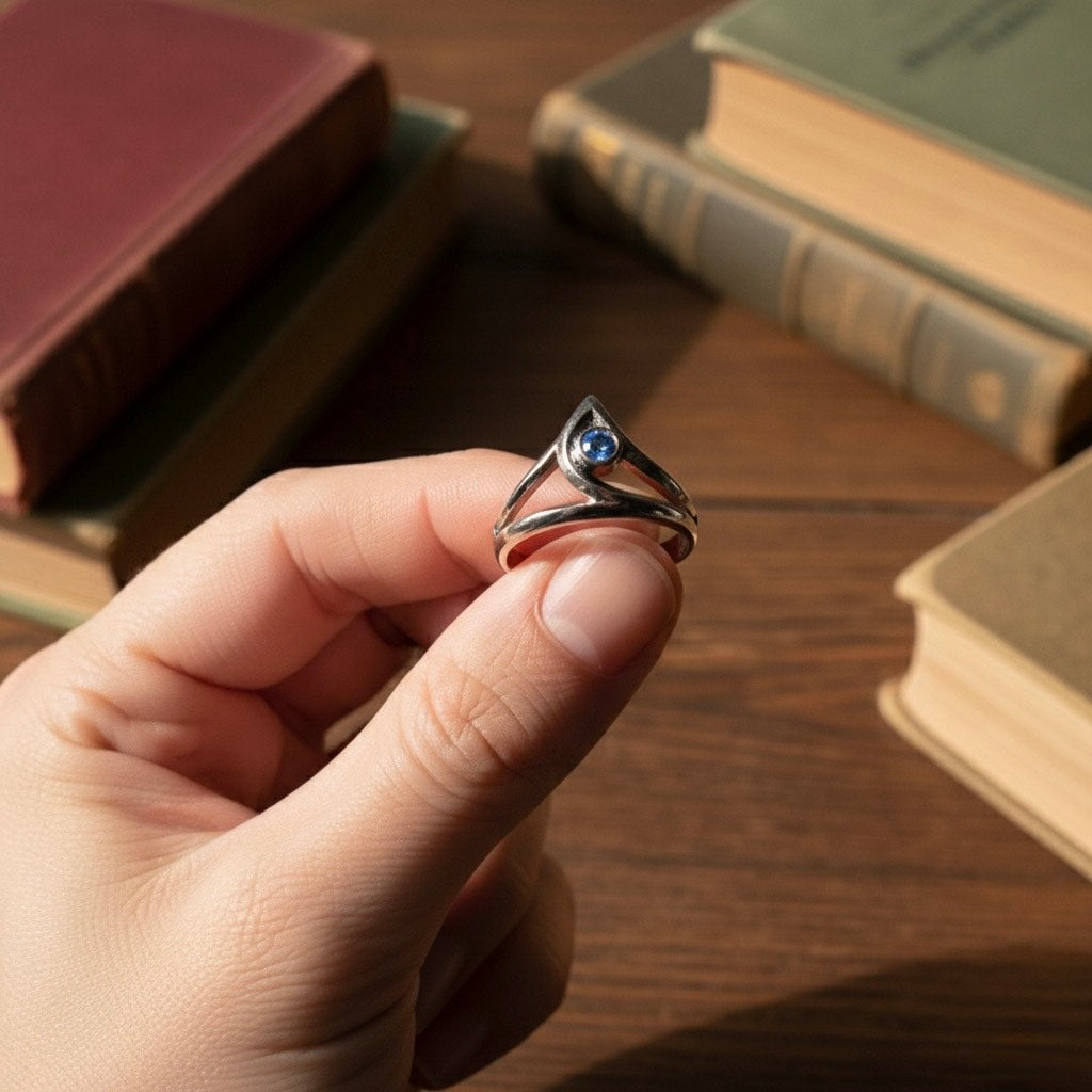 Hand holding a silver ring with a blue gemstone in front of old books on a wooden surface
